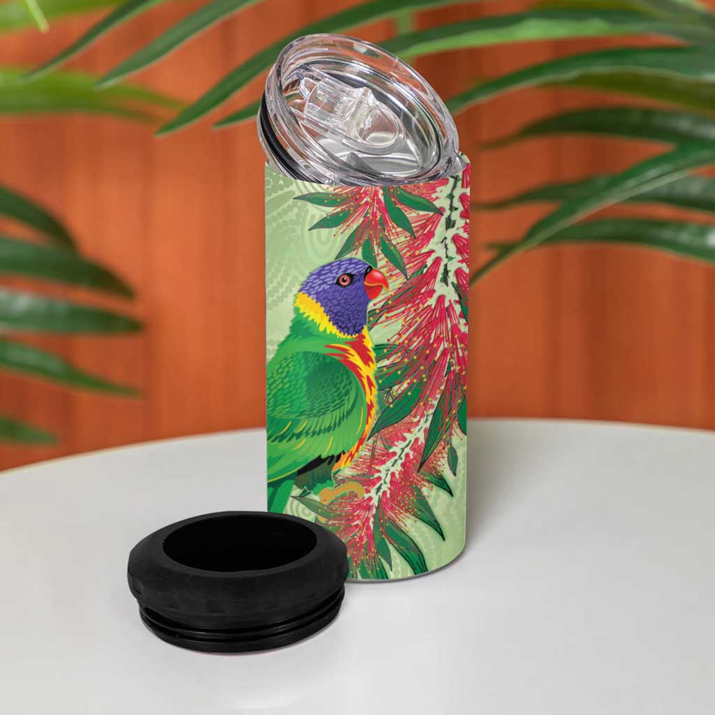 Australia Bottlebrush And Lorikeets 4 in 1 Can Cooler Tumbler Aboriginal Art - Watercolor Style