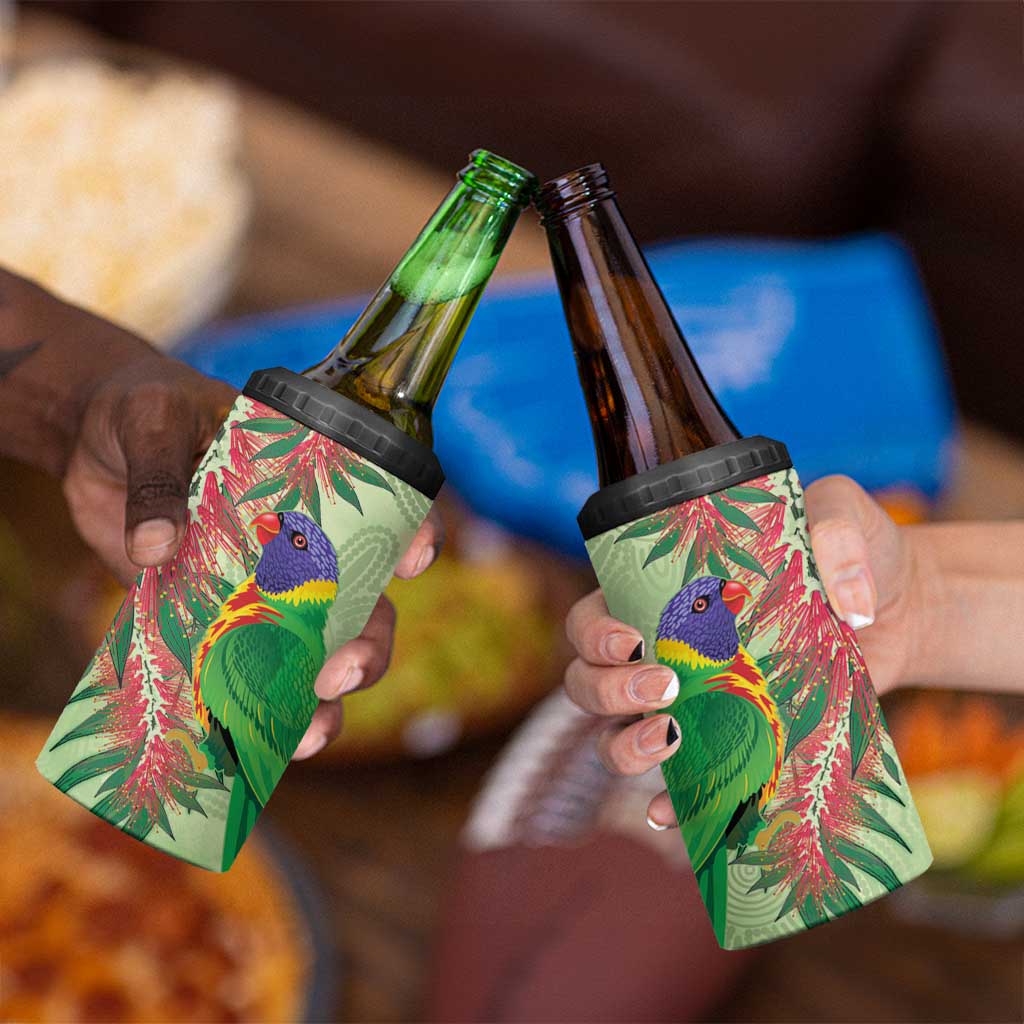 Australia Bottlebrush And Lorikeets 4 in 1 Can Cooler Tumbler Aboriginal Art - Watercolor Style