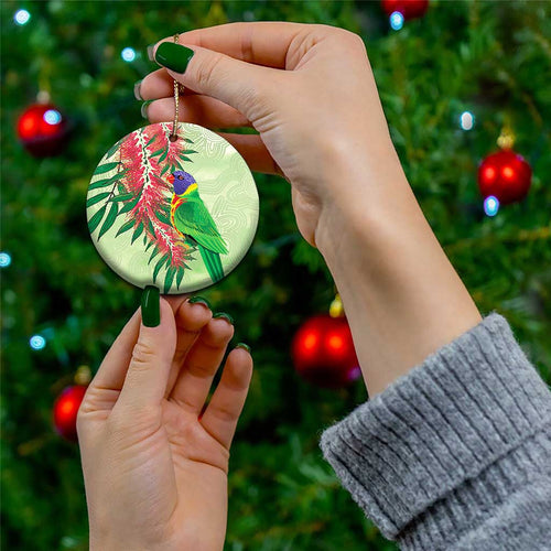 Australia Bottlebrush And Lorikeets Ceramic Ornament Aboriginal Art - Watercolor Style