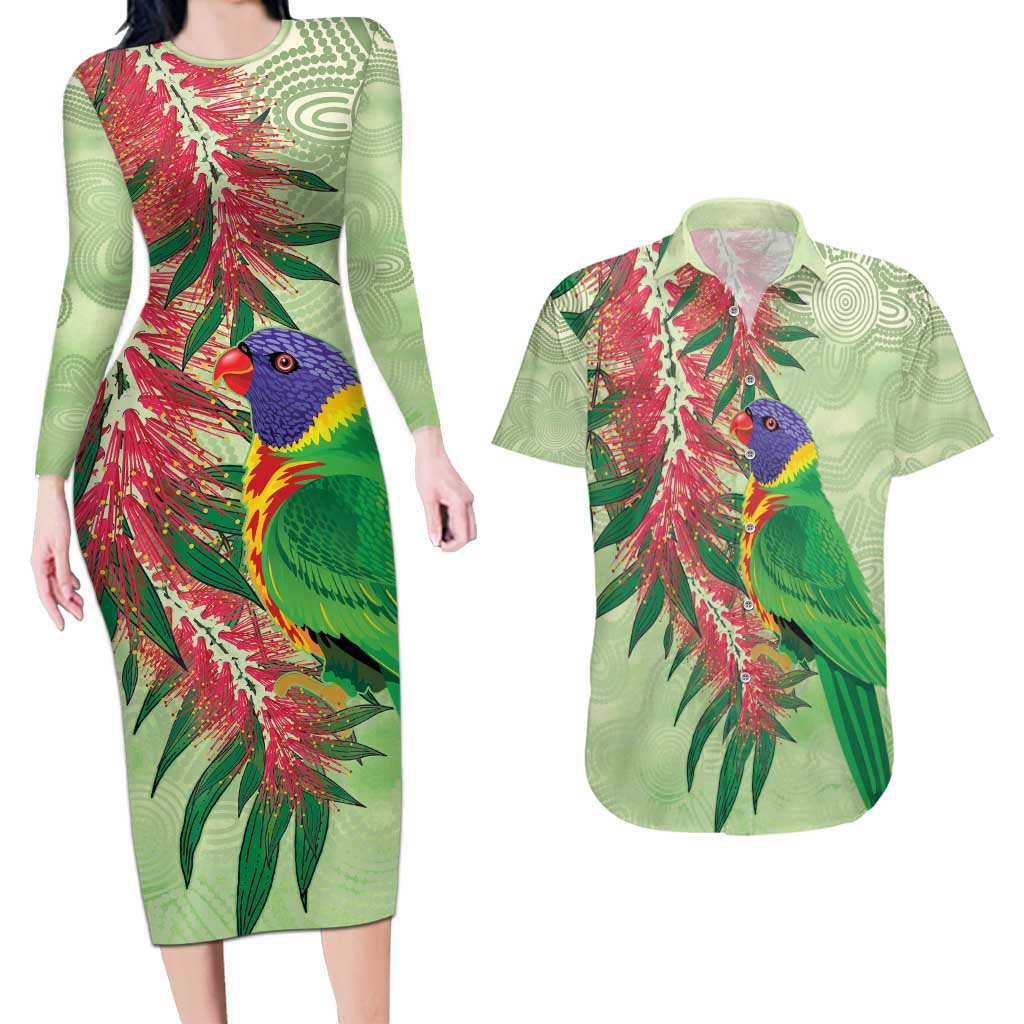 Australia Bottlebrush And Lorikeets Couples Matching Long Sleeve Bodycon Dress and Hawaiian Shirt Aboriginal Art - Watercolor Style