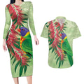 Australia Bottlebrush And Lorikeets Couples Matching Long Sleeve Bodycon Dress and Hawaiian Shirt Aboriginal Art - Watercolor Style