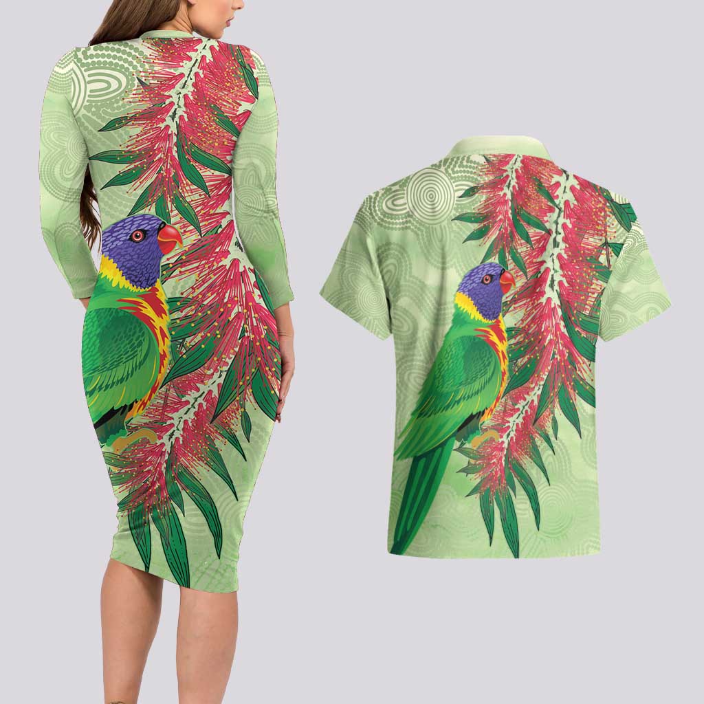 Australia Bottlebrush And Lorikeets Couples Matching Long Sleeve Bodycon Dress and Hawaiian Shirt Aboriginal Art - Watercolor Style