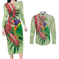 Australia Bottlebrush And Lorikeets Couples Matching Long Sleeve Bodycon Dress and Long Sleeve Button Shirt Aboriginal Art - Watercolor Style