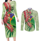 Australia Bottlebrush And Lorikeets Couples Matching Long Sleeve Bodycon Dress and Long Sleeve Button Shirt Aboriginal Art - Watercolor Style