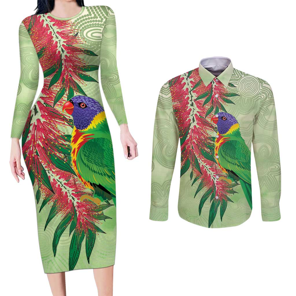 Australia Bottlebrush And Lorikeets Couples Matching Long Sleeve Bodycon Dress and Long Sleeve Button Shirt Aboriginal Art - Watercolor Style