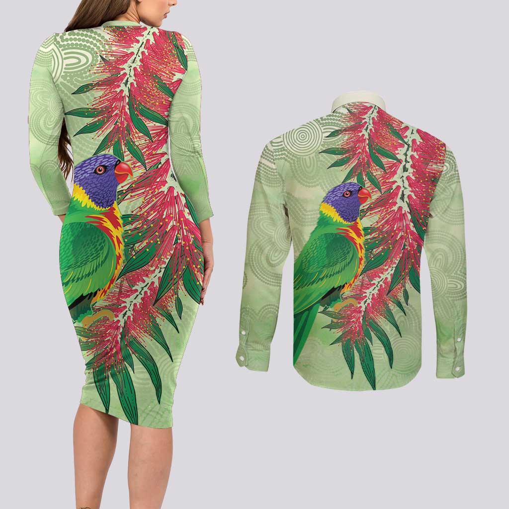 Australia Bottlebrush And Lorikeets Couples Matching Long Sleeve Bodycon Dress and Long Sleeve Button Shirt Aboriginal Art - Watercolor Style
