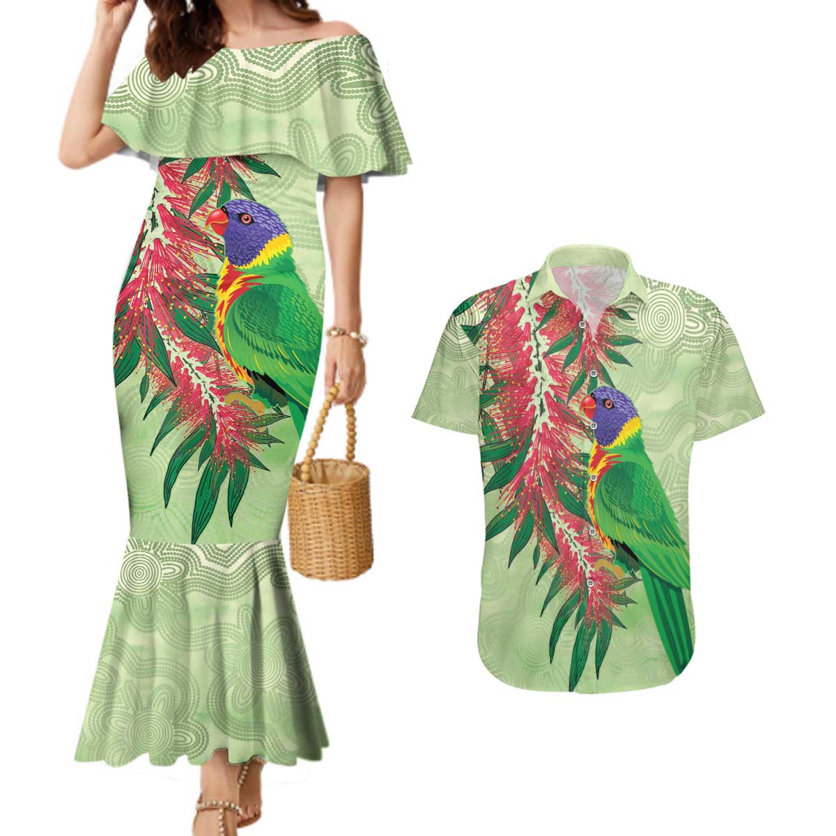 Australia Bottlebrush And Lorikeets Couples Matching Mermaid Dress and Hawaiian Shirt Aboriginal Art - Watercolor Style