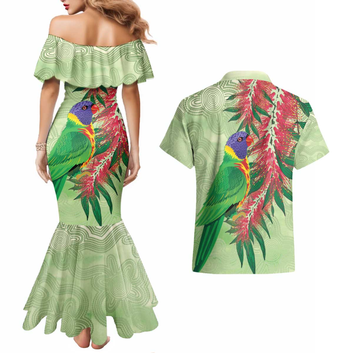 Australia Bottlebrush And Lorikeets Couples Matching Mermaid Dress and Hawaiian Shirt Aboriginal Art - Watercolor Style