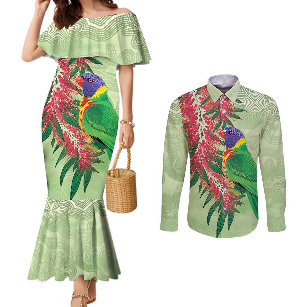 Australia Bottlebrush And Lorikeets Couples Matching Mermaid Dress and Long Sleeve Button Shirt Aboriginal Art - Watercolor Style