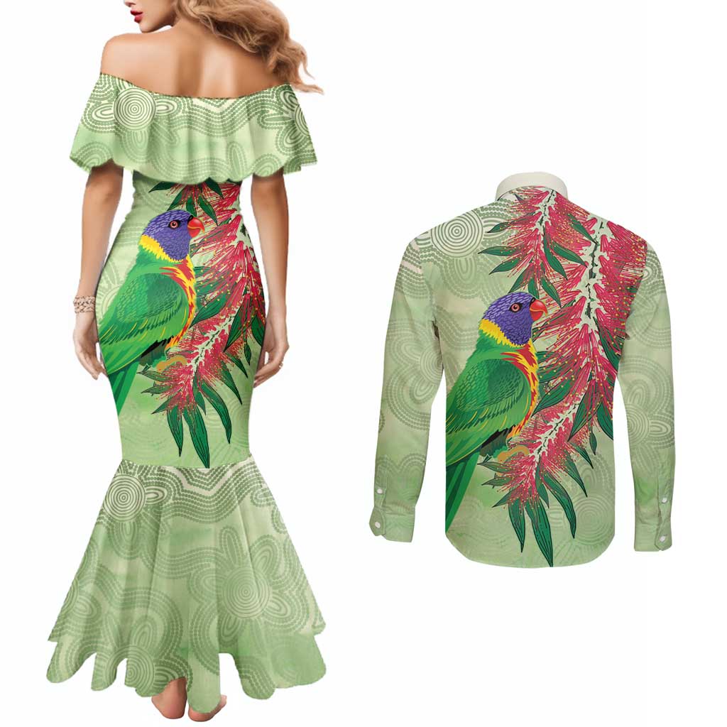 Australia Bottlebrush And Lorikeets Couples Matching Mermaid Dress and Long Sleeve Button Shirt Aboriginal Art - Watercolor Style
