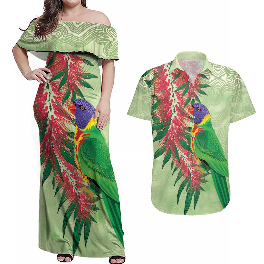Australia Bottlebrush And Lorikeets Couples Matching Off Shoulder Maxi Dress and Hawaiian Shirt Aboriginal Art - Watercolor Style