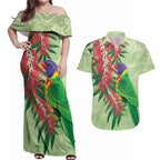 Australia Bottlebrush And Lorikeets Couples Matching Off Shoulder Maxi Dress and Hawaiian Shirt Aboriginal Art - Watercolor Style