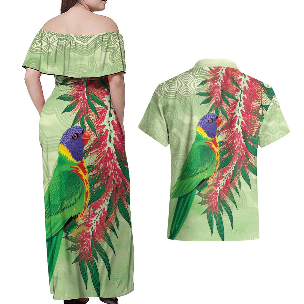 Australia Bottlebrush And Lorikeets Couples Matching Off Shoulder Maxi Dress and Hawaiian Shirt Aboriginal Art - Watercolor Style