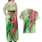 Australia Bottlebrush And Lorikeets Couples Matching Off Shoulder Maxi Dress and Hawaiian Shirt Aboriginal Art - Watercolor Style
