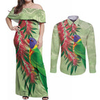 Australia Bottlebrush And Lorikeets Couples Matching Off Shoulder Maxi Dress and Long Sleeve Button Shirt Aboriginal Art - Watercolor Style