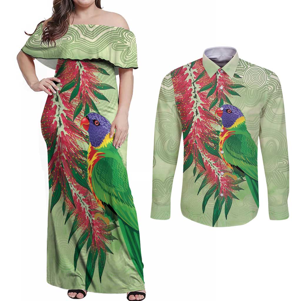 Australia Bottlebrush And Lorikeets Couples Matching Off Shoulder Maxi Dress and Long Sleeve Button Shirt Aboriginal Art - Watercolor Style