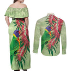 Australia Bottlebrush And Lorikeets Couples Matching Off Shoulder Maxi Dress and Long Sleeve Button Shirt Aboriginal Art - Watercolor Style