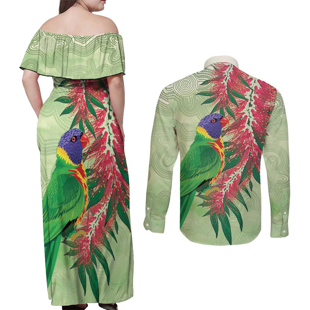 Australia Bottlebrush And Lorikeets Couples Matching Off Shoulder Maxi Dress and Long Sleeve Button Shirt Aboriginal Art - Watercolor Style