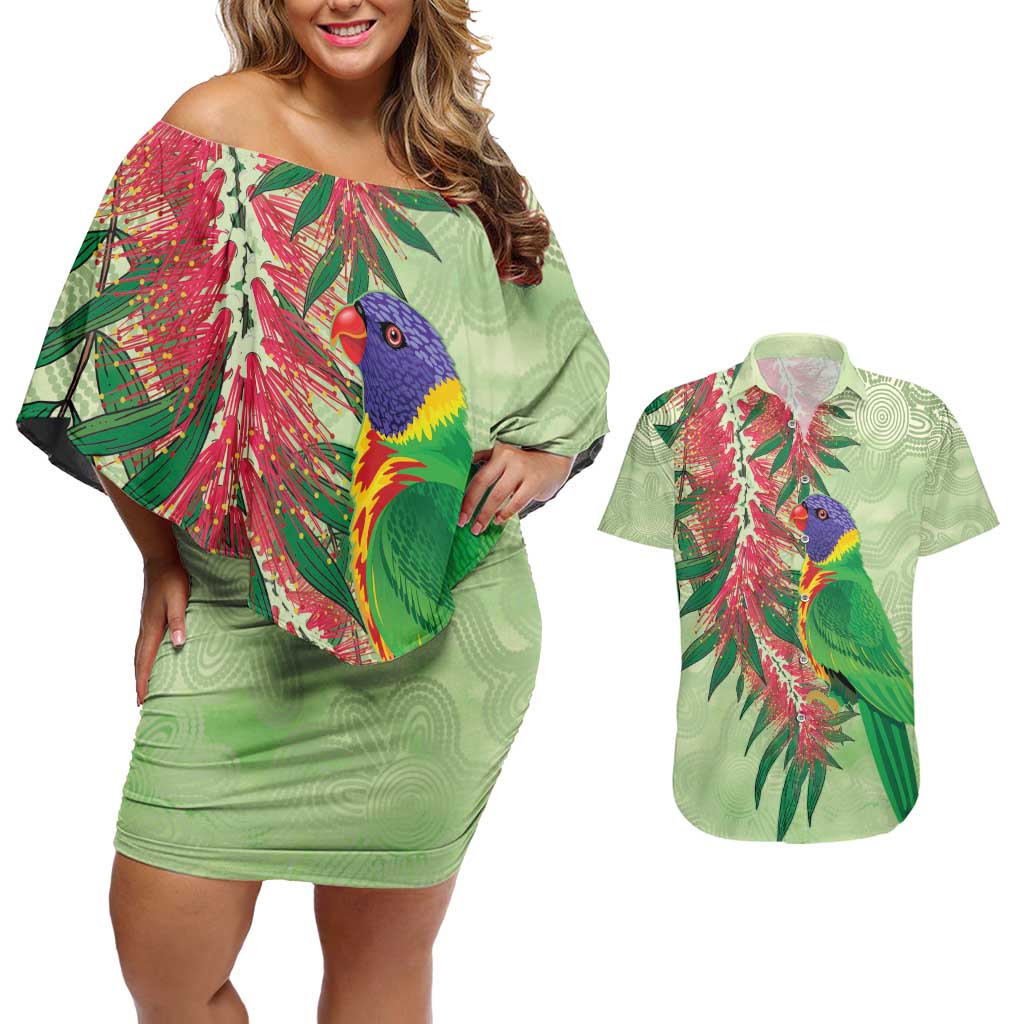 Australia Bottlebrush And Lorikeets Couples Matching Off Shoulder Short Dress and Hawaiian Shirt Aboriginal Art - Watercolor Style