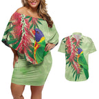Australia Bottlebrush And Lorikeets Couples Matching Off Shoulder Short Dress and Hawaiian Shirt Aboriginal Art - Watercolor Style