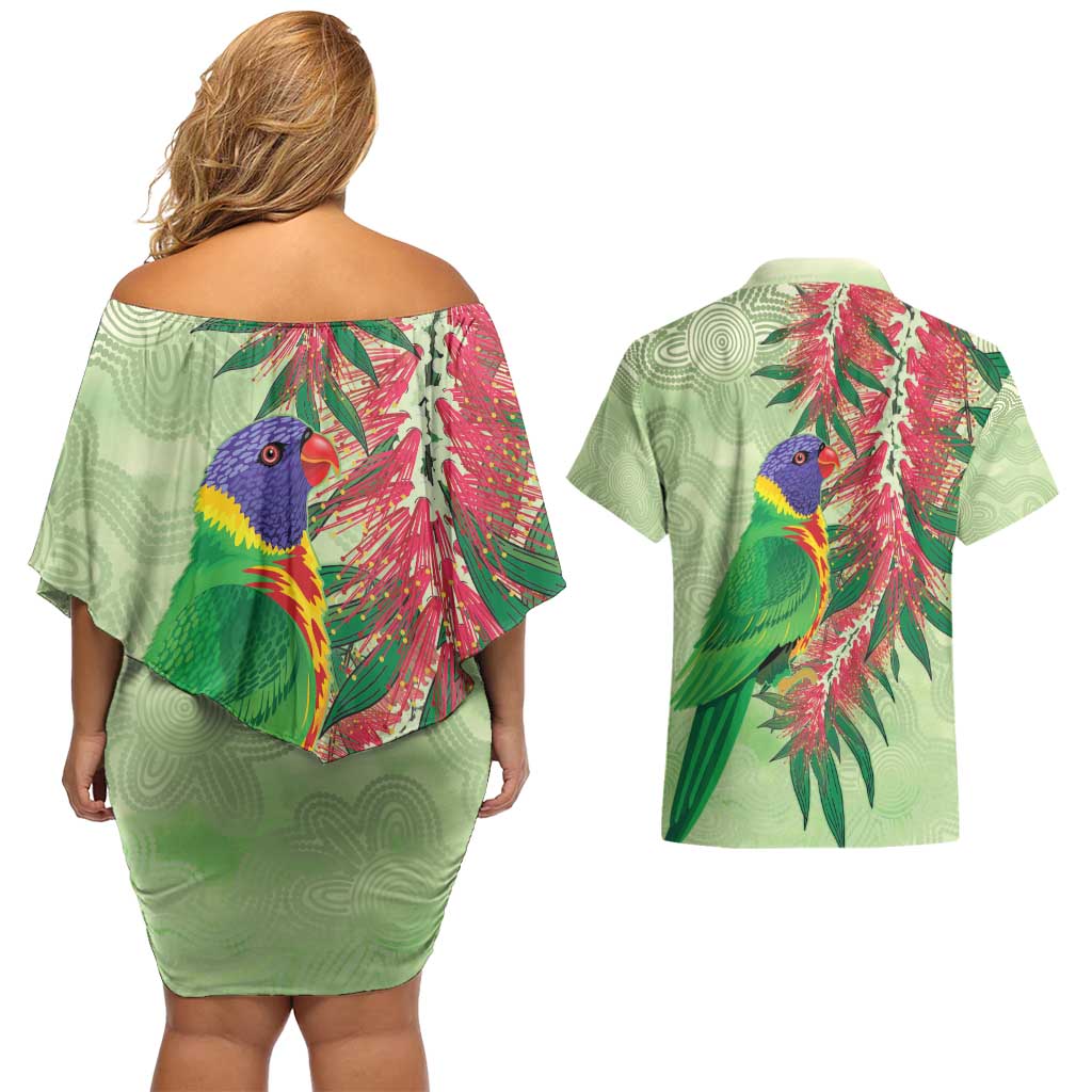 Australia Bottlebrush And Lorikeets Couples Matching Off Shoulder Short Dress and Hawaiian Shirt Aboriginal Art - Watercolor Style