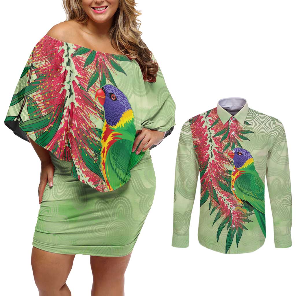 Australia Bottlebrush And Lorikeets Couples Matching Off Shoulder Short Dress and Long Sleeve Button Shirt Aboriginal Art - Watercolor Style