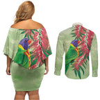Australia Bottlebrush And Lorikeets Couples Matching Off Shoulder Short Dress and Long Sleeve Button Shirt Aboriginal Art - Watercolor Style