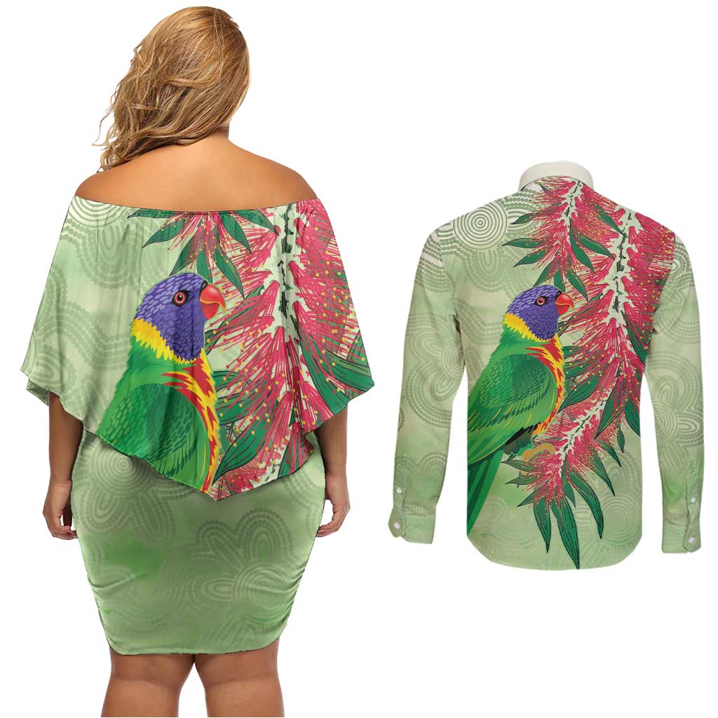 Australia Bottlebrush And Lorikeets Couples Matching Off Shoulder Short Dress and Long Sleeve Button Shirt Aboriginal Art - Watercolor Style