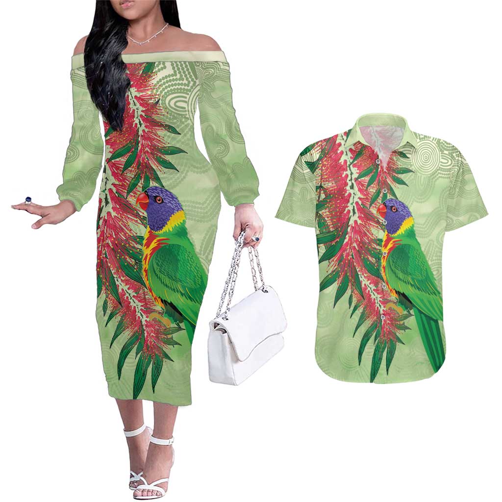 Australia Bottlebrush And Lorikeets Couples Matching Off The Shoulder Long Sleeve Dress and Hawaiian Shirt Aboriginal Art - Watercolor Style