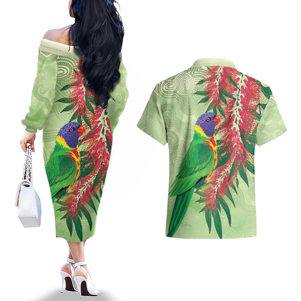 Australia Bottlebrush And Lorikeets Couples Matching Off The Shoulder Long Sleeve Dress and Hawaiian Shirt Aboriginal Art - Watercolor Style