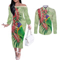 Australia Bottlebrush And Lorikeets Couples Matching Off The Shoulder Long Sleeve Dress and Long Sleeve Button Shirt Aboriginal Art - Watercolor Style
