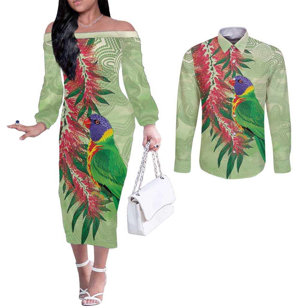 Australia Bottlebrush And Lorikeets Couples Matching Off The Shoulder Long Sleeve Dress and Long Sleeve Button Shirt Aboriginal Art - Watercolor Style