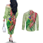 Australia Bottlebrush And Lorikeets Couples Matching Off The Shoulder Long Sleeve Dress and Long Sleeve Button Shirt Aboriginal Art - Watercolor Style