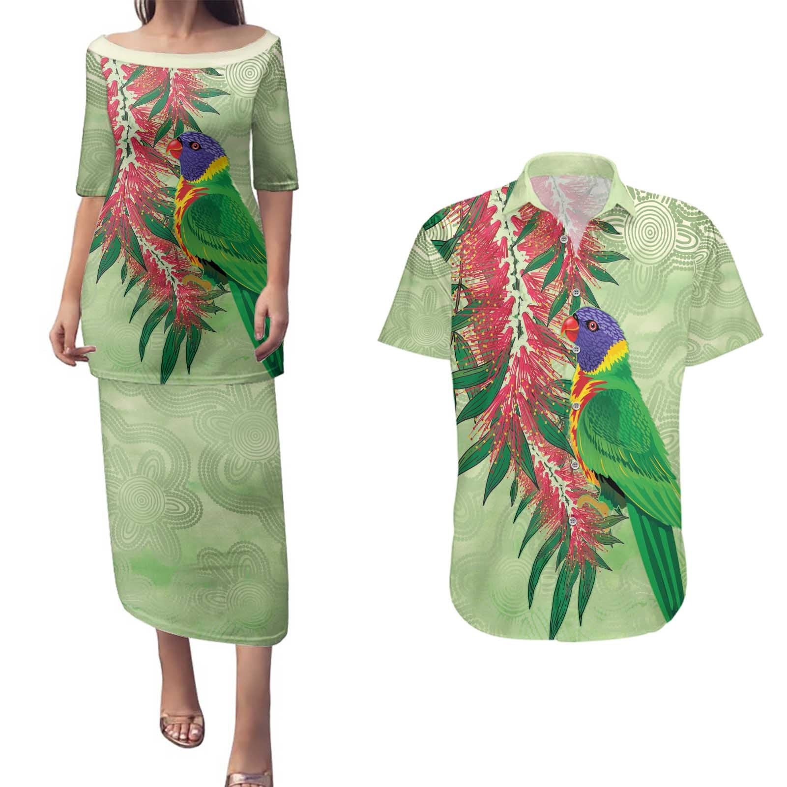 Australia Bottlebrush And Lorikeets Couples Matching Puletasi and Hawaiian Shirt Aboriginal Art - Watercolor Style