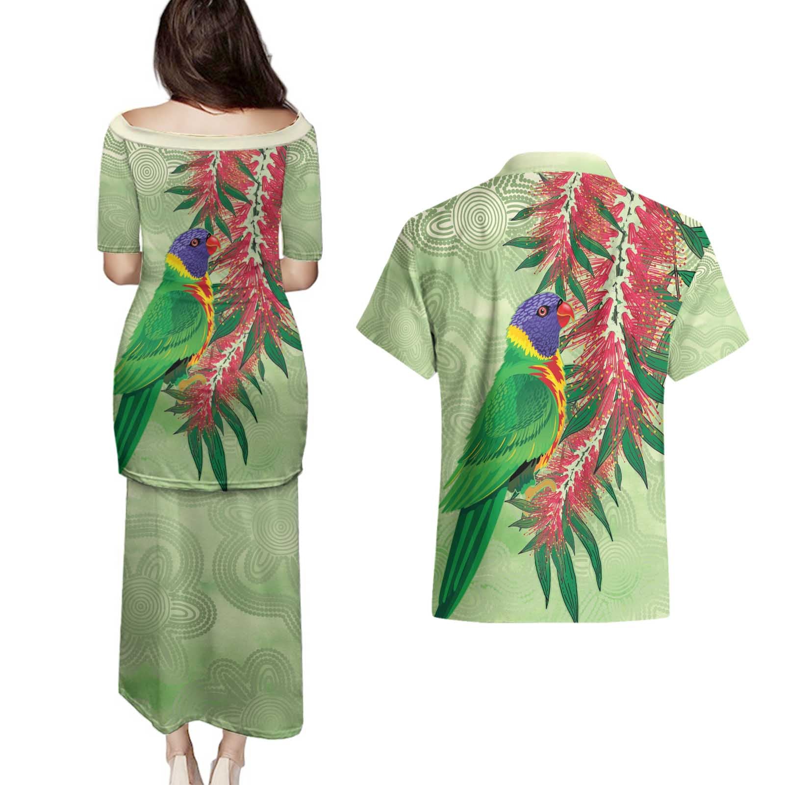 Australia Bottlebrush And Lorikeets Couples Matching Puletasi and Hawaiian Shirt Aboriginal Art - Watercolor Style