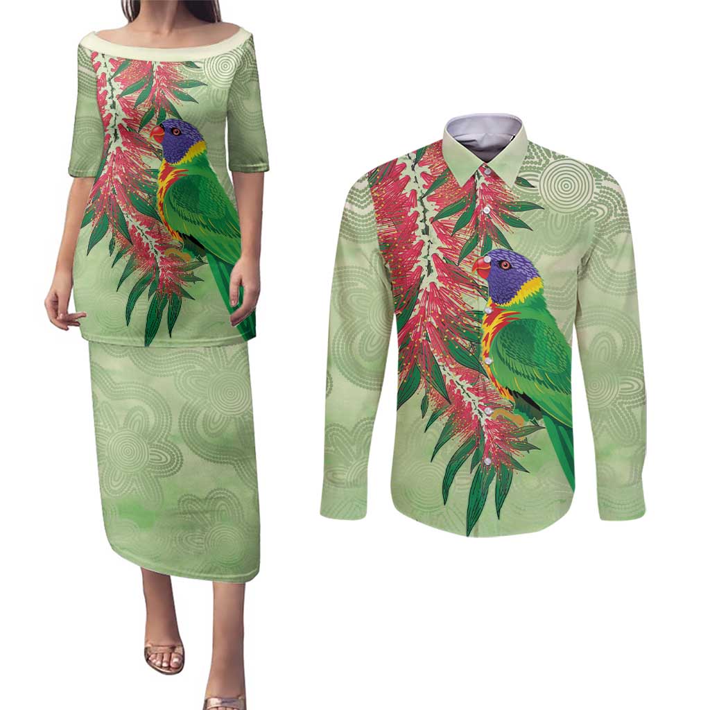 Australia Bottlebrush And Lorikeets Couples Matching Puletasi and Long Sleeve Button Shirt Aboriginal Art - Watercolor Style