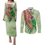 Australia Bottlebrush And Lorikeets Couples Matching Puletasi and Long Sleeve Button Shirt Aboriginal Art - Watercolor Style