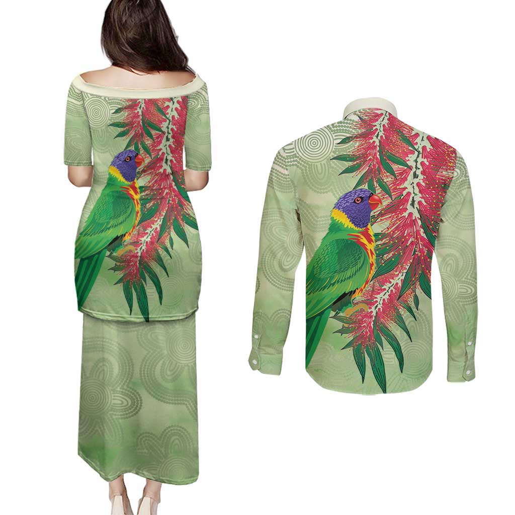 Australia Bottlebrush And Lorikeets Couples Matching Puletasi and Long Sleeve Button Shirt Aboriginal Art - Watercolor Style