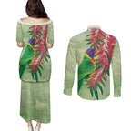 Australia Bottlebrush And Lorikeets Couples Matching Puletasi and Long Sleeve Button Shirt Aboriginal Art - Watercolor Style