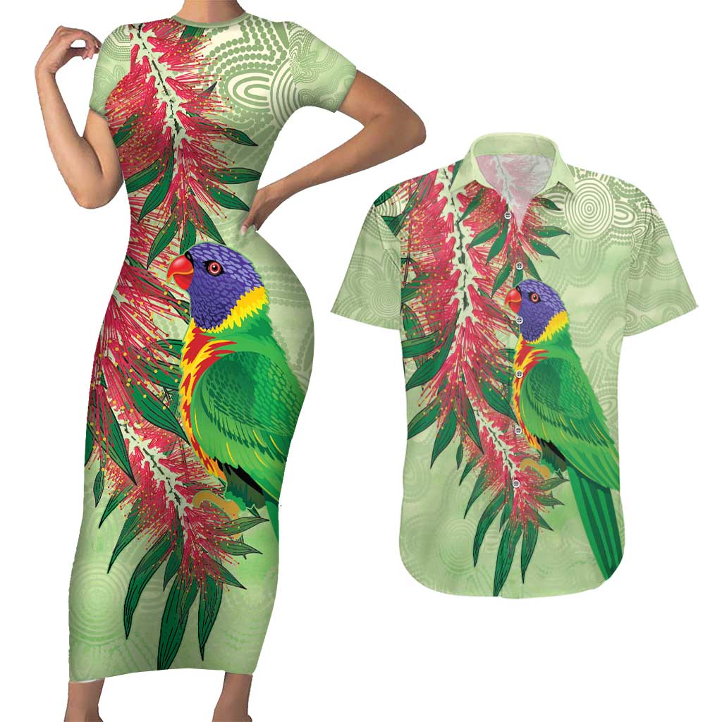 Australia Bottlebrush And Lorikeets Couples Matching Short Sleeve Bodycon Dress and Hawaiian Shirt Aboriginal Art - Watercolor Style