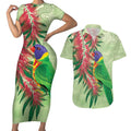 Australia Bottlebrush And Lorikeets Couples Matching Short Sleeve Bodycon Dress and Hawaiian Shirt Aboriginal Art - Watercolor Style