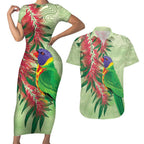 Australia Bottlebrush And Lorikeets Couples Matching Short Sleeve Bodycon Dress and Hawaiian Shirt Aboriginal Art - Watercolor Style
