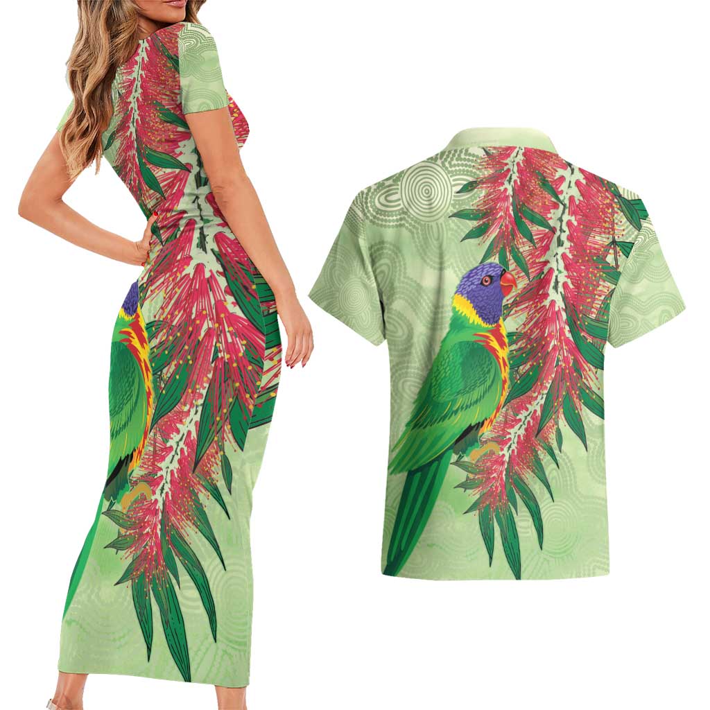 Australia Bottlebrush And Lorikeets Couples Matching Short Sleeve Bodycon Dress and Hawaiian Shirt Aboriginal Art - Watercolor Style