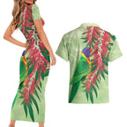 Australia Bottlebrush And Lorikeets Couples Matching Short Sleeve Bodycon Dress and Hawaiian Shirt Aboriginal Art - Watercolor Style