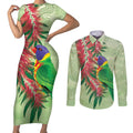 Australia Bottlebrush And Lorikeets Couples Matching Short Sleeve Bodycon Dress and Long Sleeve Button Shirt Aboriginal Art - Watercolor Style