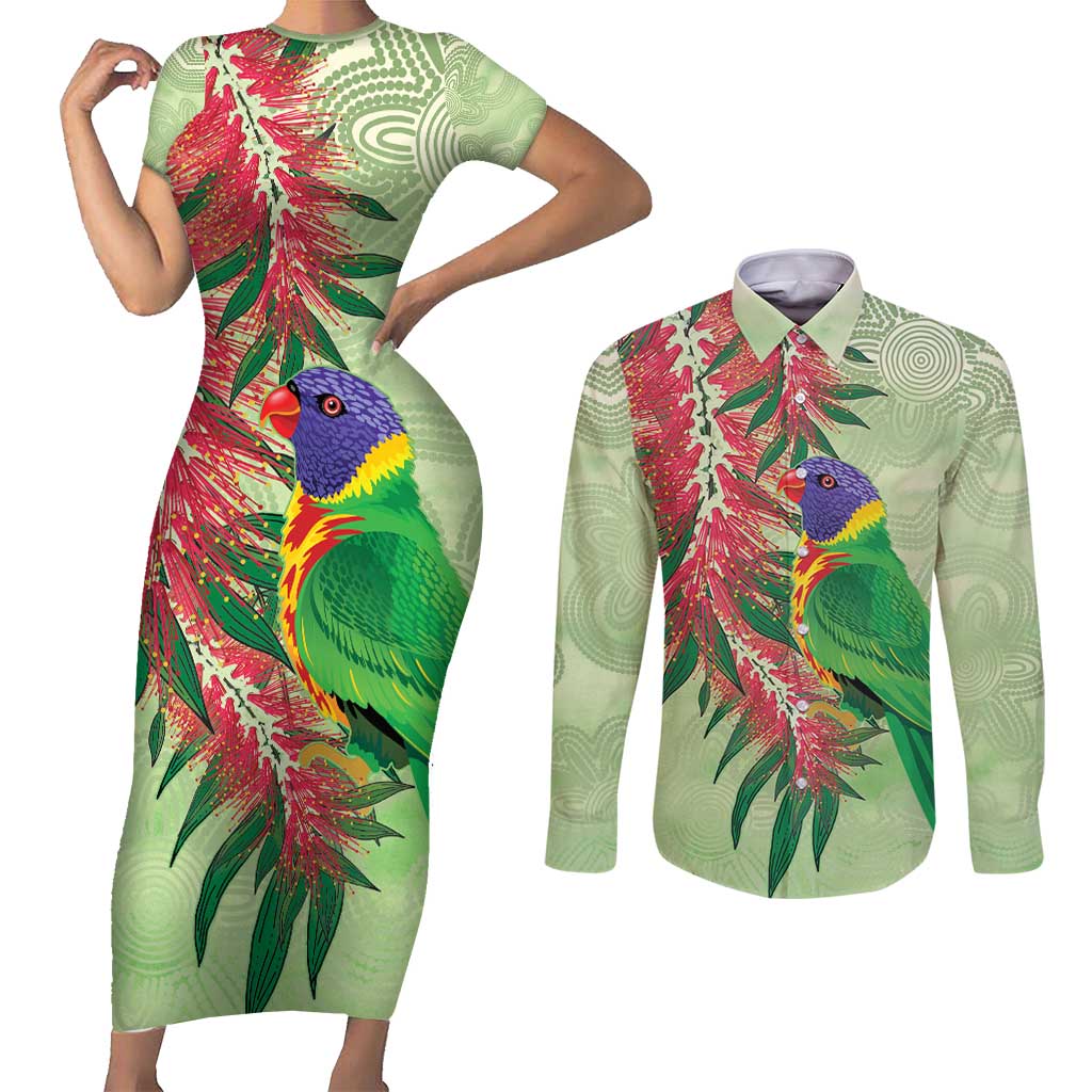 Australia Bottlebrush And Lorikeets Couples Matching Short Sleeve Bodycon Dress and Long Sleeve Button Shirt Aboriginal Art - Watercolor Style