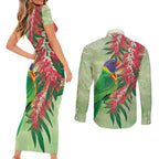Australia Bottlebrush And Lorikeets Couples Matching Short Sleeve Bodycon Dress and Long Sleeve Button Shirt Aboriginal Art - Watercolor Style