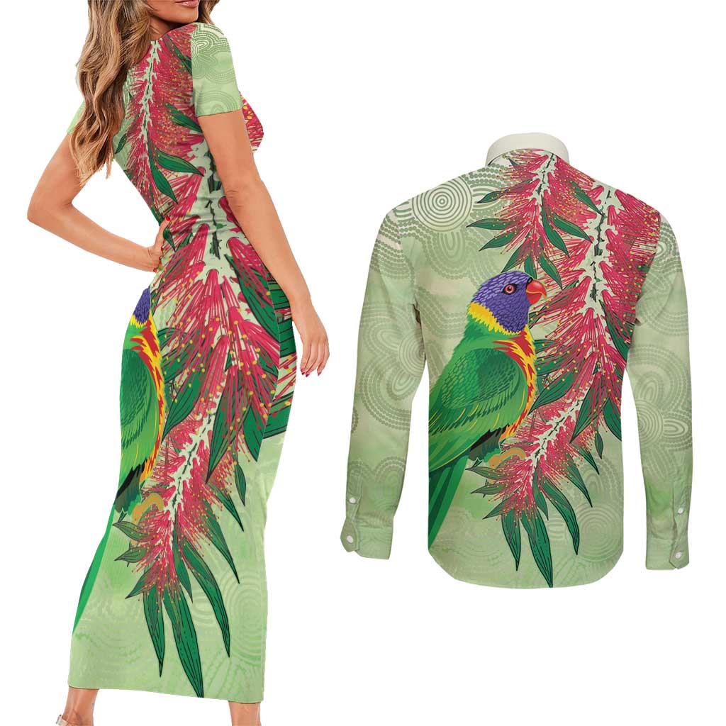 Australia Bottlebrush And Lorikeets Couples Matching Short Sleeve Bodycon Dress and Long Sleeve Button Shirt Aboriginal Art - Watercolor Style