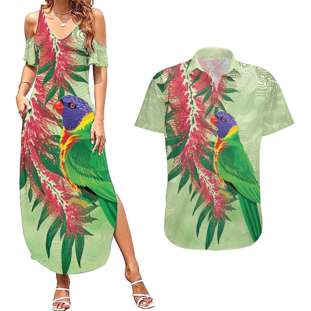 Australia Bottlebrush And Lorikeets Couples Matching Summer Maxi Dress and Hawaiian Shirt Aboriginal Art - Watercolor Style
