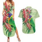 Australia Bottlebrush And Lorikeets Couples Matching Summer Maxi Dress and Hawaiian Shirt Aboriginal Art - Watercolor Style